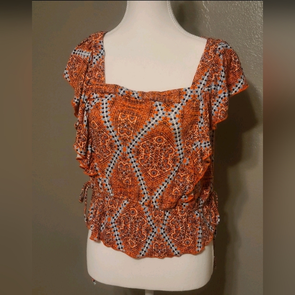 Anthropologie Junior women's crop top M coral and blue ruffle top w tied up side - Picture 10 of 10